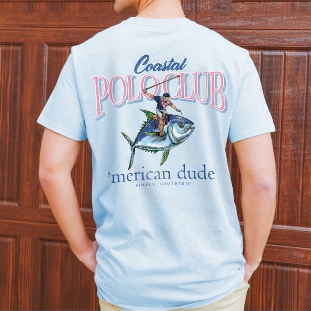 SIMPLY SOUTHERN MERICAN DUDE COASTAL POLO UNISEX T-SHIRT LARGE TEE NEW FISH